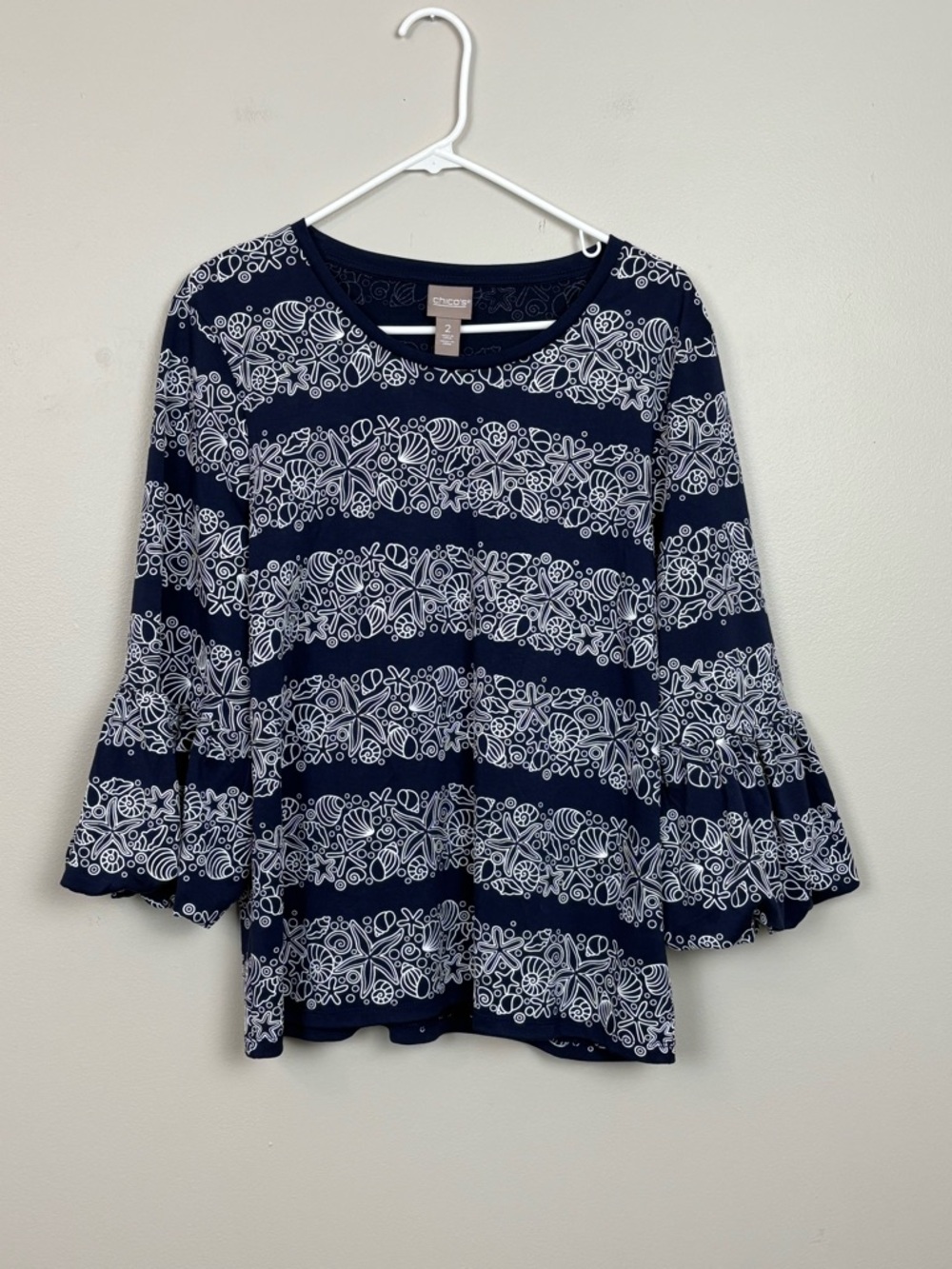 Chicos Top Womens 2 US Lg Blue White Seashell Tropical Blouse